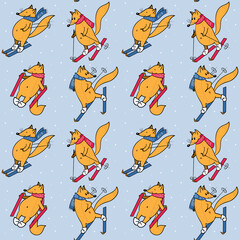 Seamless pattern with foxes in red and blue scarves on skis with dark outline and snow. Animalistic vector background. Orange, red and blue tones. Can be used for wallpapers, pattern fills, textile