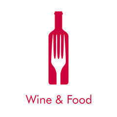 Logotipo con texto Wine & Food con tenedor dentro de botella de vino en color granate