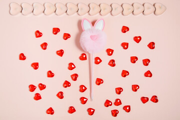 Valentine's Day, composition of hearts on a pink background. View from above