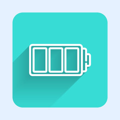 White line Battery charge level indicator icon isolated with long shadow. Green square button. Vector.