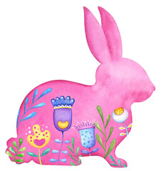 Watercolor floral bunny rabbit silhouette illustration isolated on white background. Pink Easter bunny hand painted artwork with spring blooming colorful flowers.
