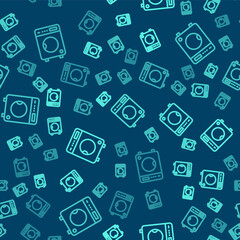Green line Washer icon isolated seamless pattern on blue background. Washing machine icon. Clothes washer - laundry machine. Home appliance symbol. Vector.