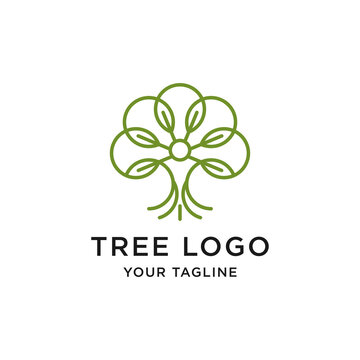 Green tree leaf line logo design template