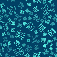 Green line Telephone handset icon isolated seamless pattern on blue background. Phone sign. Vector.