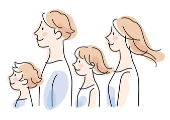 一方向を向いて髪をなびかせて並ぶ４人家族のイメージ