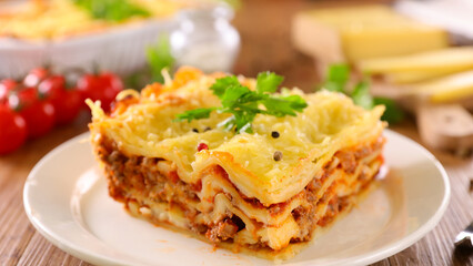 lasagne with tomato sauce, minced beef and cheese