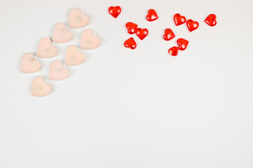 Valentine's Day, composition of hearts on a white background. View from above