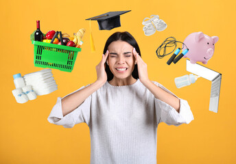Overwhelmed woman and different objects around her on yellow background