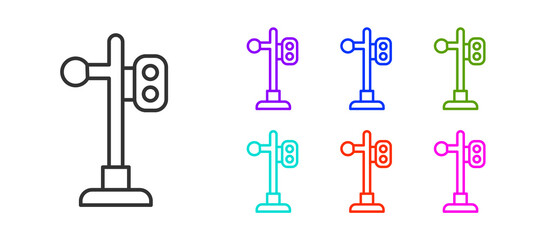 Black line Train traffic light icon isolated on white background. Traffic lights for the railway to regulate the movement of trains. Set icons colorful. Vector.