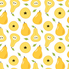Yellow ripe pears with leaves, cut lengthwise and crosswise. Seamless repeating colored pattern on a white background. Doodle.