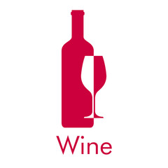 Logotipo con texto Wine con silueta de botella de vino con copa de vino en espacio negativo en color gris