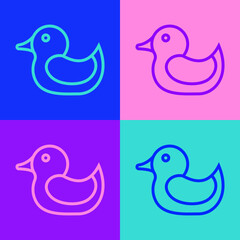 Pop art line Rubber duck icon isolated on color background. Vector.