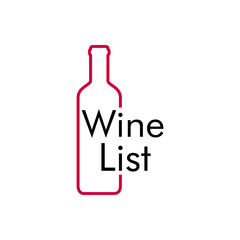 Logotipo con texto Wine List con contorno de botella de vino con lineas en granate y negro