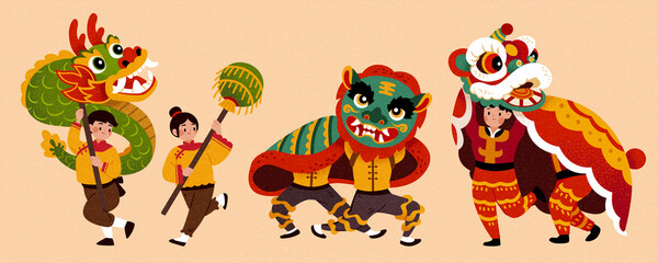 Dragon and lion dance characters © HstrongART