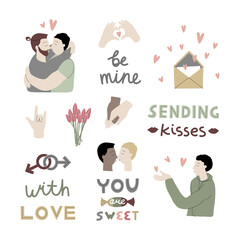 Vector flat illustrations and Lettering set with two men in love isolated on white. Greeting stickers for Valentine's Day. Same-sex love. Male homosexual gay couple.