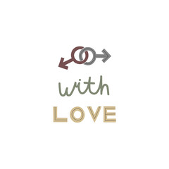 Lettering With Love. Vector flat illustration isolated on white. Homosexual greeting sticker for Valentine's Day. Same-sex love. Male gay couple.