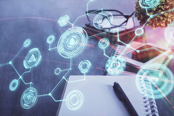 Double exposure of social network theme drawing and cell phone background. Concept of people connection over the world