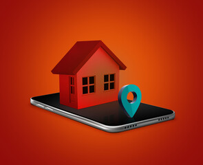 3D house location on mobile real estate concept on orange background
