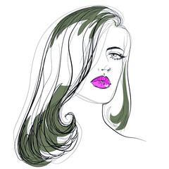 Beautiful woman with  pink lips and straight hair, vector drawing - 410613509