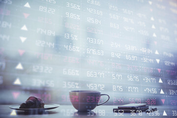 Double exposure of forex chart over coffee cup background in office. Concept of financial analysis and success.