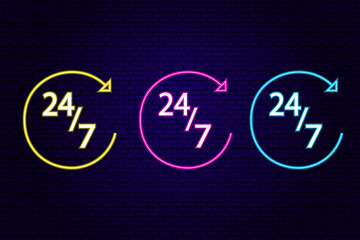 Neon 24 7 Service open 24 h hours a day and 7 days a week . Glowing night club, bar cafe entrance symbol. Set Bright lamps electric illuminated decoration vector illustration	