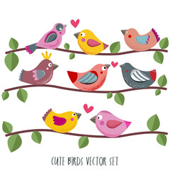 Birds in love sitting on branch. Cartoon style clipart on white background