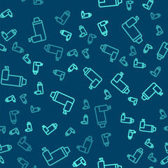 Green line Thermos container icon isolated seamless pattern on blue background. Thermo flask icon. Camping and hiking equipment. Vector.