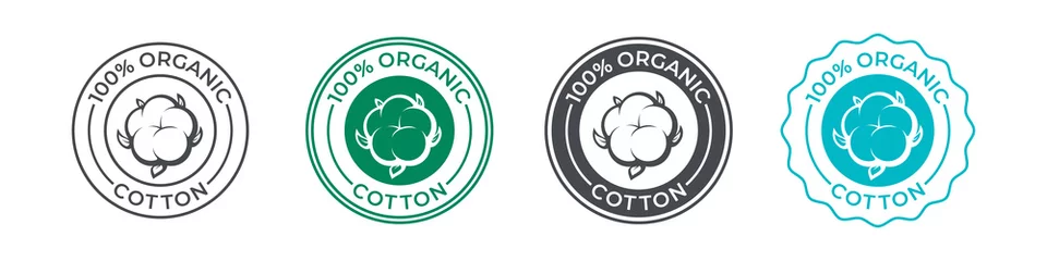Foto op Canvas Cotton, organic 100 icon, flower vector logo for eco and natural bio soft fabric. 100 percent cotton badge for textile clothes, green vegan cosmetics and sanitary hygienic pads or tampons © Avector