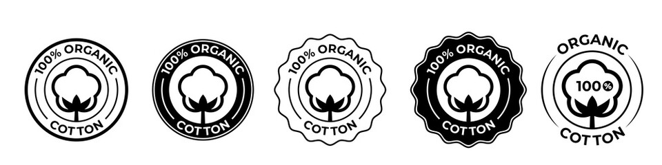 Cotton organic 100 icons, cotton flower logo for natural eco and bio vector stamps on textile fabrics and skincare cosmetics certificate