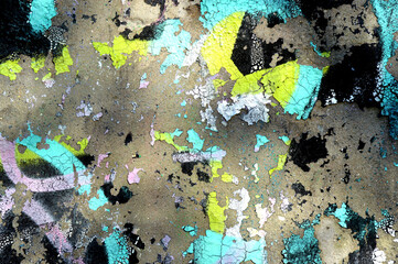 Abstract photo background. Old graffiti paint on the wall. Fragment with scratches and cracks. Beige, brown, blue, white, yellow, green and grey colors. Abstract concrete background grunge texture