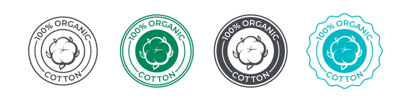 Cotton, organic 100 icon, flower vector logo for eco and natural bio soft fabric. 100 percent cotton badge for textile clothes, green vegan cosmetics and sanitary hygienic pads or tampons