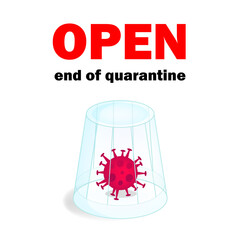 Open no quarantine phrase and coronavirus under a glass in red frame illustration isolated on white