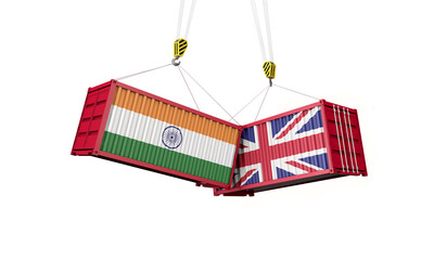 UK and india business trade deal. Clashing cargo containers. 3D Render