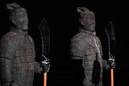 China, June 2020, royal garden at night, Shi Huang Di, of the Qin dynasty united disintegrated China and became the first emperor of whole China. Stone statue closeup, free ar, oriental icon, black. 