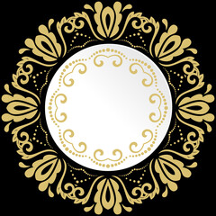 Round frame with floral elements and arabesques. Pattern with arabesques. Black and golden greeting card
