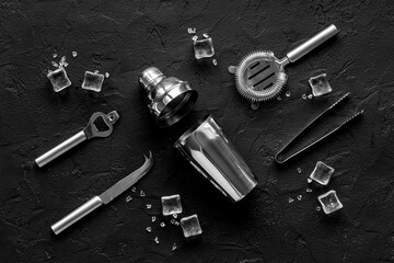Cocktail bar utensils and tools with shaker, strainer and ice