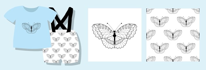 A funny print for baby clothes. Cute pattern with butterflies. T-shirt design. Vector illustration. Ready-made textile design kit. Seamless patterns. Butterfly character. Printed pajamas. insects