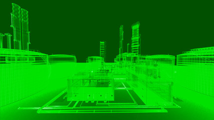 View on drone , Green screen 3D factory building construction scan from infraead camera technology for detect security on night time . element background for composite in futuristic sci fi scene , 3d 
