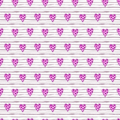 Seamless pattern with pink and purple hearts on stripped white and grey background. Watercolor illustration. Valentines day wrapping paper, scrapbook page, wallpaper, fabric, textile designs.