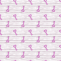 Seamless pattern with heart shape keys on stripped white and grey background. Hand painted watercolor illustration. Valentines day wrapping paper, scrapbook page, wallpaper, fabric, textile designs.