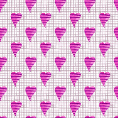 Seamless pattern with pink hearts on squared white and grey background. Romantic hand painted watercolor illustration. Valentines day wrapping paper, scrapbook page, wallpaper, fabric, textile designs