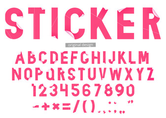 Sticker font in paper art style on white background. Vector type illustration set.