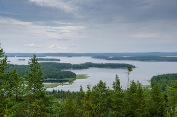 Naklejka na ściany i meble View from Struve Geodetic Arc Oravivuori Triangulation Tower Isoranta Finland lake Finland forest landscape