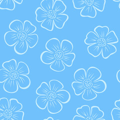 Fototapeta na wymiar Floral background. Seamless blue pattern with flowers. Vector flat illustration.