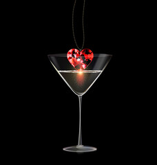 black background and glass of wine with jewel pendant red diamond
