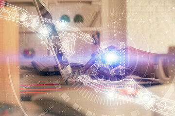 Double exposure of woman hands working on computer and data theme hologram drawing. Tech concept.