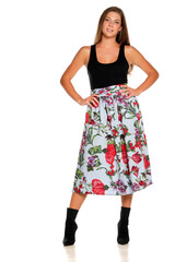 a young beautiful smiling woman in skirt and a shirt