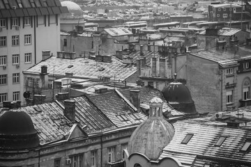 Roof tops covered by first snow, Belgrade city, capitol of Serbia