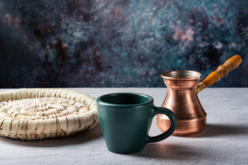 Empty coffee mug. Empty coffee turk. Prepared empty coffee dishes.