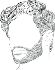 Elegant male wavy hairstyle moustache and beard silhouette, black and white vector illustration - 410618718